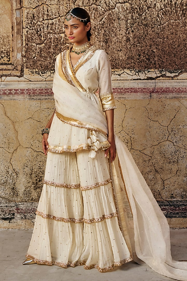 Ivory Chanderi Silk Mukaish Hand Work Party Wear Sharara Set by PREEVIN at Pernia's Pop Up Shop