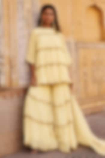 Butter Yellow Chanderi Silk Mukaish Handwork Tiered Party Wear Sharara Set by PREEVIN at Pernia's Pop Up Shop