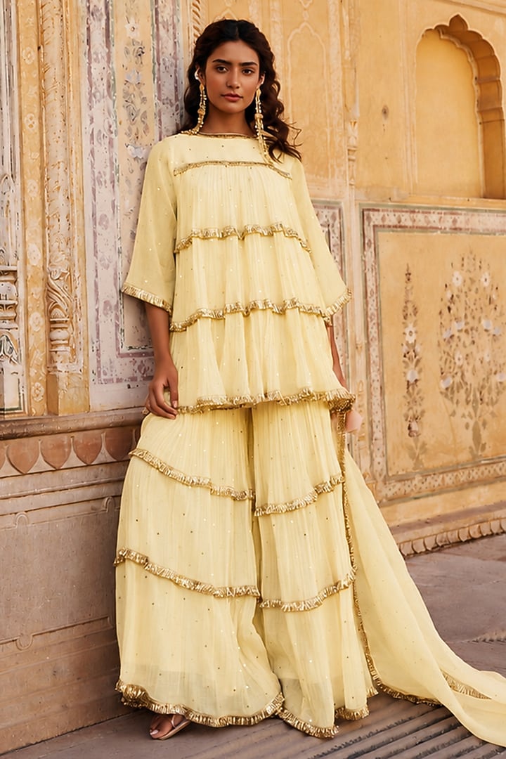 Butter Yellow Chanderi Silk Mukaish Handwork Tiered Party Wear Sharara Set by PREEVIN at Pernia's Pop Up Shop