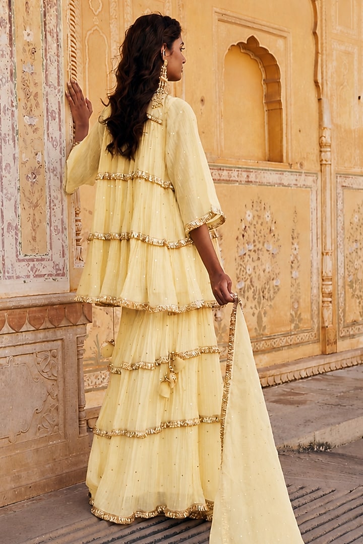 Butter Yellow Chanderi Silk Mukaish Handwork Tiered Party Wear Sharara Set by PREEVIN at Pernia's Pop Up Shop