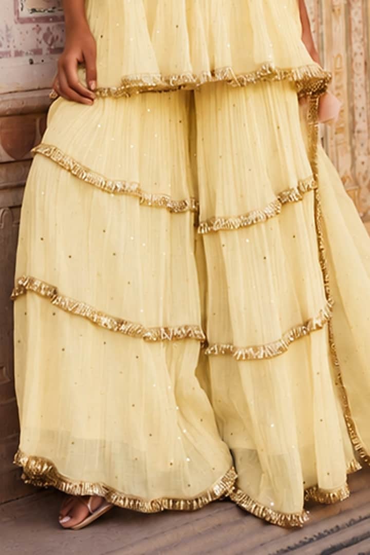 Butter Yellow Chanderi Silk Mukaish Handwork Tiered Party Wear Sharara Set by PREEVIN at Pernia's Pop Up Shop