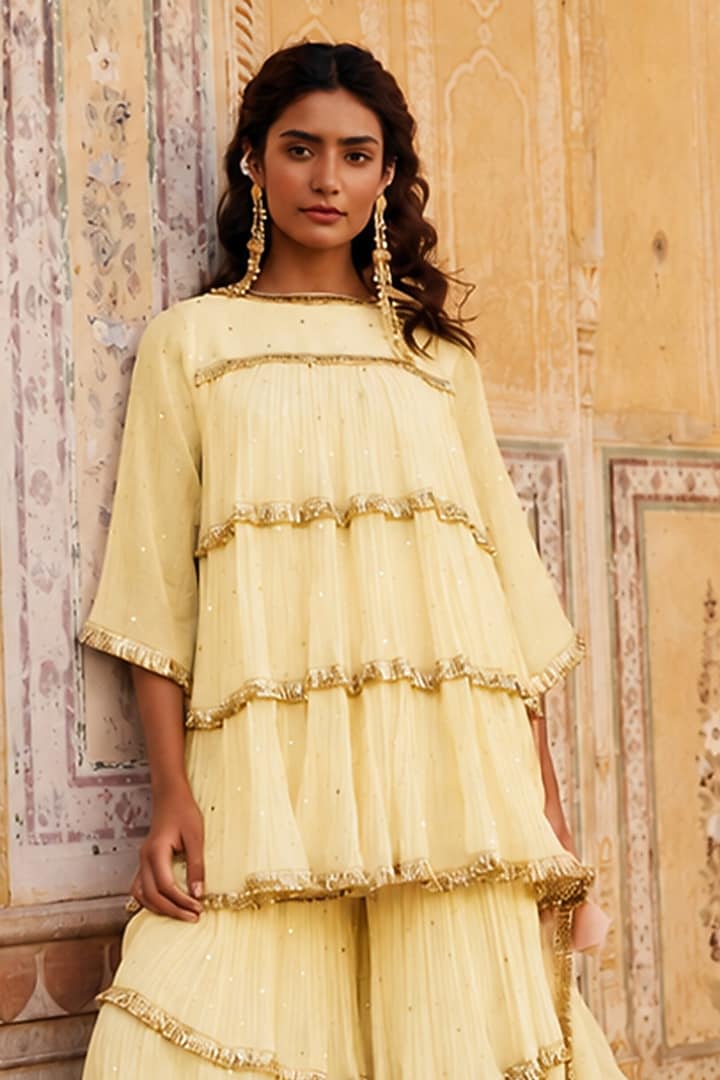 Butter Yellow Chanderi Silk Mukaish Handwork Tiered Party Wear Sharara Set by PREEVIN at Pernia's Pop Up Shop