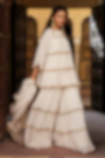 Ivory Chanderi Silk Mukaish Handwork Tiered Party Wear Sharara Set by PREEVIN at Pernia's Pop Up Shop