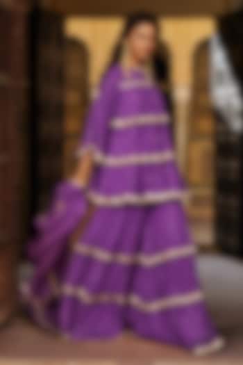 Imperial Purple Chanderi Silk Mukaish Handwork Tiered Party Wear Sharara Set by PREEVIN at Pernia's Pop Up Shop