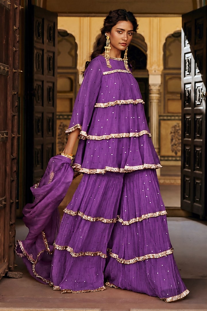 Imperial Purple Chanderi Silk Mukaish Handwork Tiered Party Wear Sharara Set by PREEVIN at Pernia's Pop Up Shop