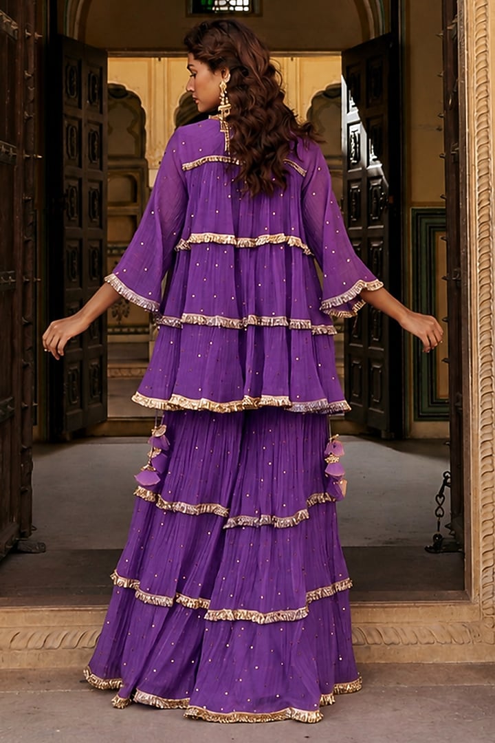 Imperial Purple Chanderi Silk Mukaish Handwork Tiered Party Wear Sharara Set by PREEVIN at Pernia's Pop Up Shop