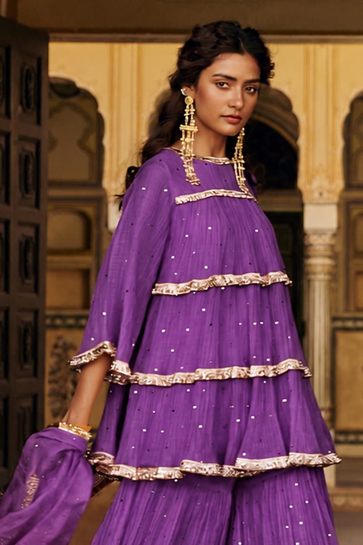 Imperial Purple Chanderi Silk Mukaish Handwork Tiered Party Wear Sharara Set by PREEVIN at Pernia's Pop Up Shop