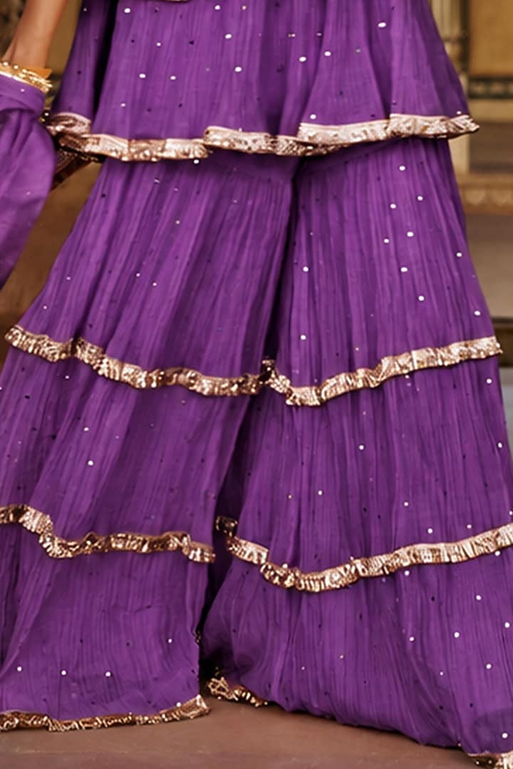 Imperial Purple Chanderi Silk Mukaish Handwork Tiered Party Wear Sharara Set by PREEVIN at Pernia's Pop Up Shop