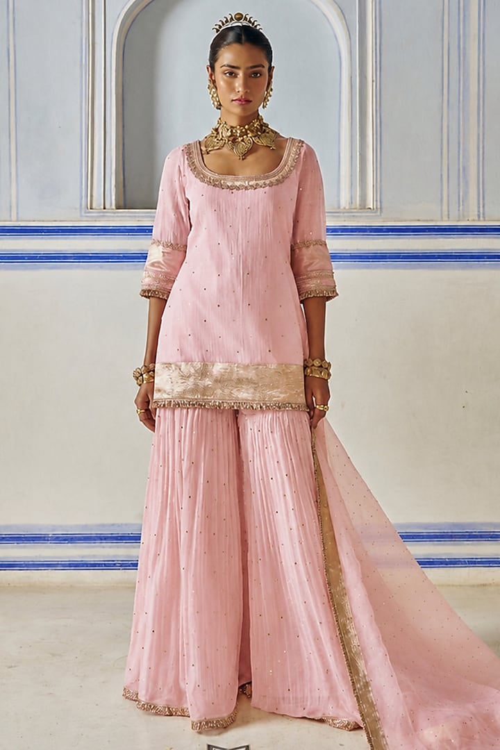 Vintage Blush Chanderi Silk Mukaish Hand Work Party Wear Sharara Set by PREEVIN at Pernia's Pop Up Shop