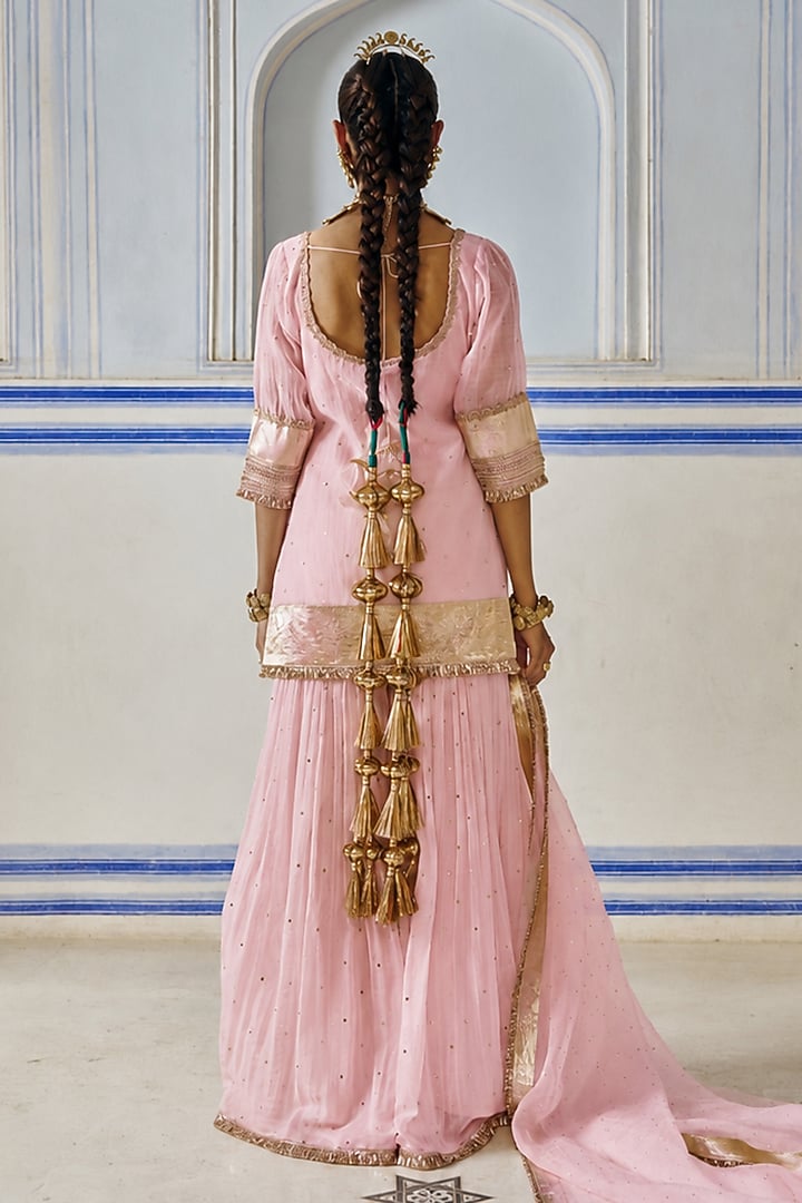 Vintage Blush Chanderi Silk Mukaish Hand Work Party Wear Sharara Set by PREEVIN at Pernia's Pop Up Shop