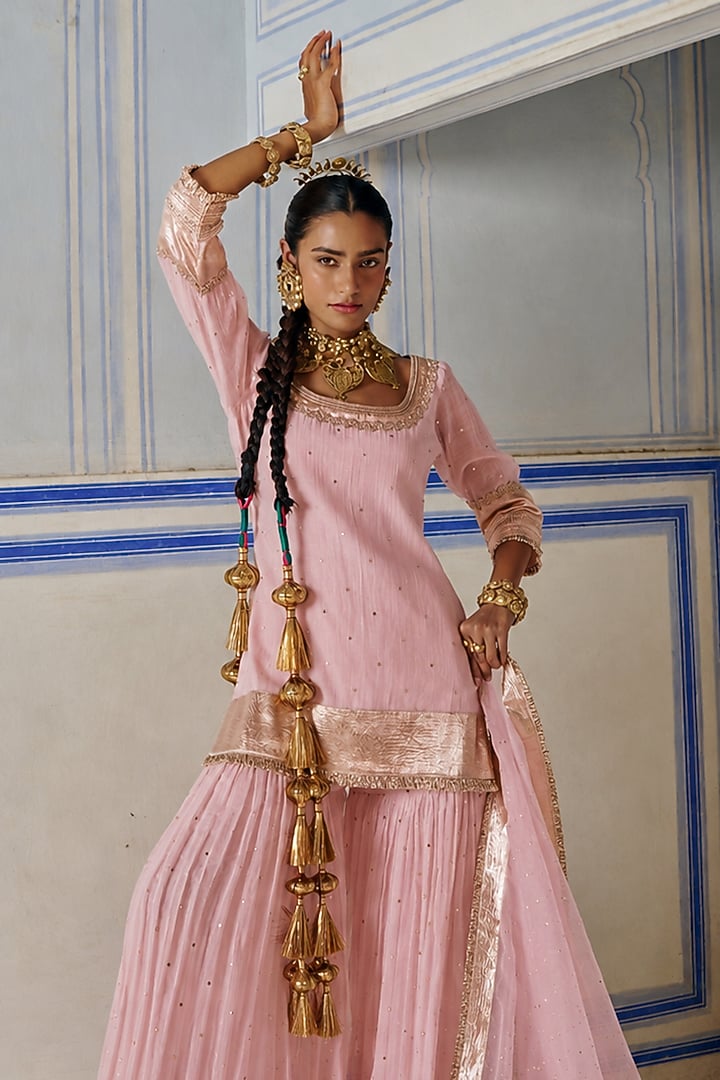 Vintage Blush Chanderi Silk Mukaish Hand Work Party Wear Sharara Set by PREEVIN at Pernia's Pop Up Shop