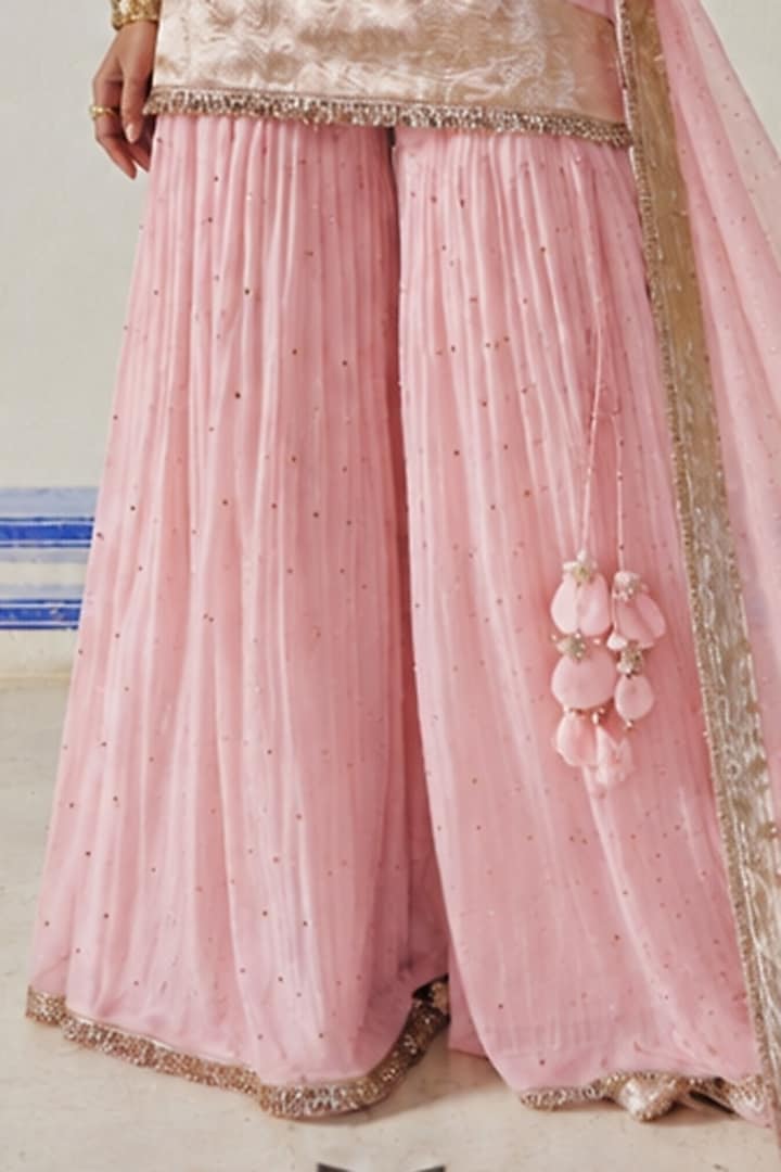 Vintage Blush Chanderi Silk Mukaish Hand Work Party Wear Sharara Set by PREEVIN at Pernia's Pop Up Shop