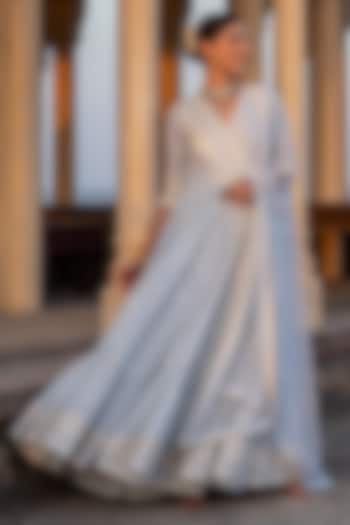 Ice Blue Cotton Mulmul Thread & Mirror Work Angrakha Anarkali Set by PREEVIN at Pernia's Pop Up Shop