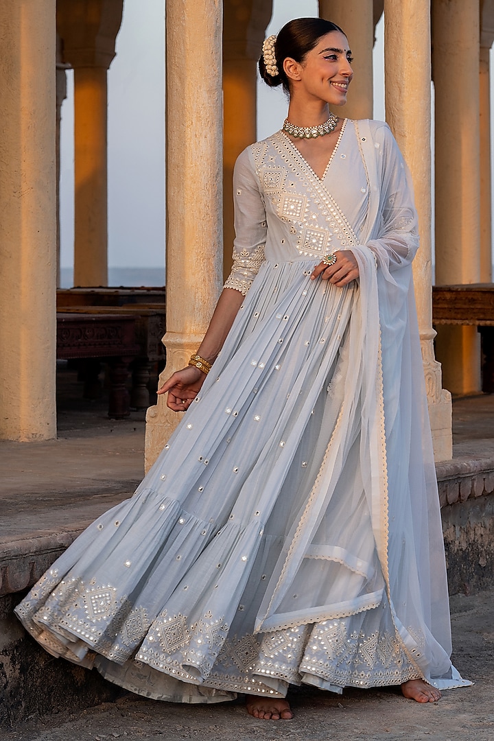 Ice Blue Cotton Mulmul Thread & Mirror Work Angrakha Anarkali Set by PREEVIN at Pernia's Pop Up Shop