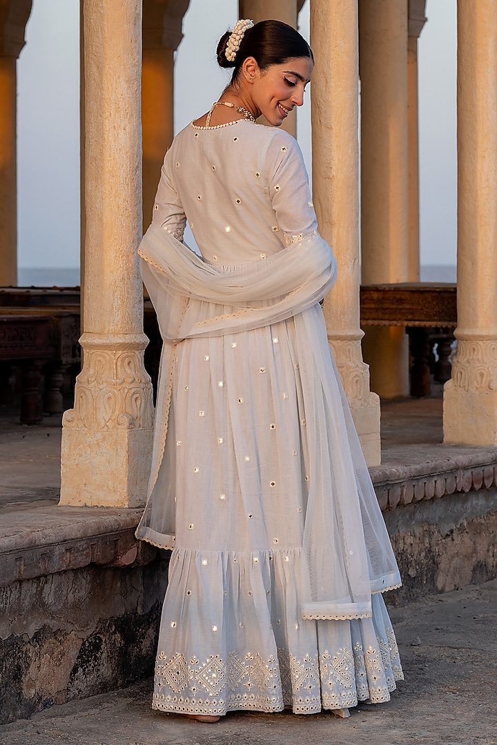 Ice Blue Cotton Mulmul Thread & Mirror Work Angrakha Anarkali Set by PREEVIN at Pernia's Pop Up Shop