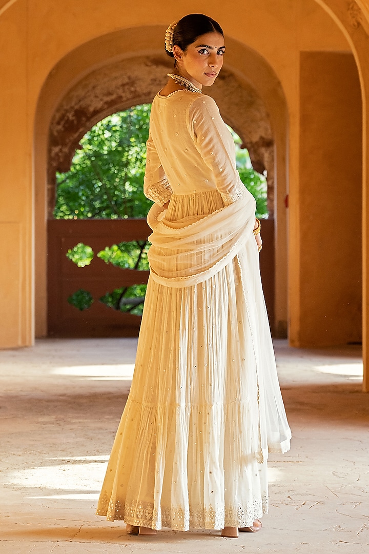 Off-White Cotton Mulmul Thread & Mirror Work Angrakha Anarkali Set by PREEVIN at Pernia's Pop Up Shop