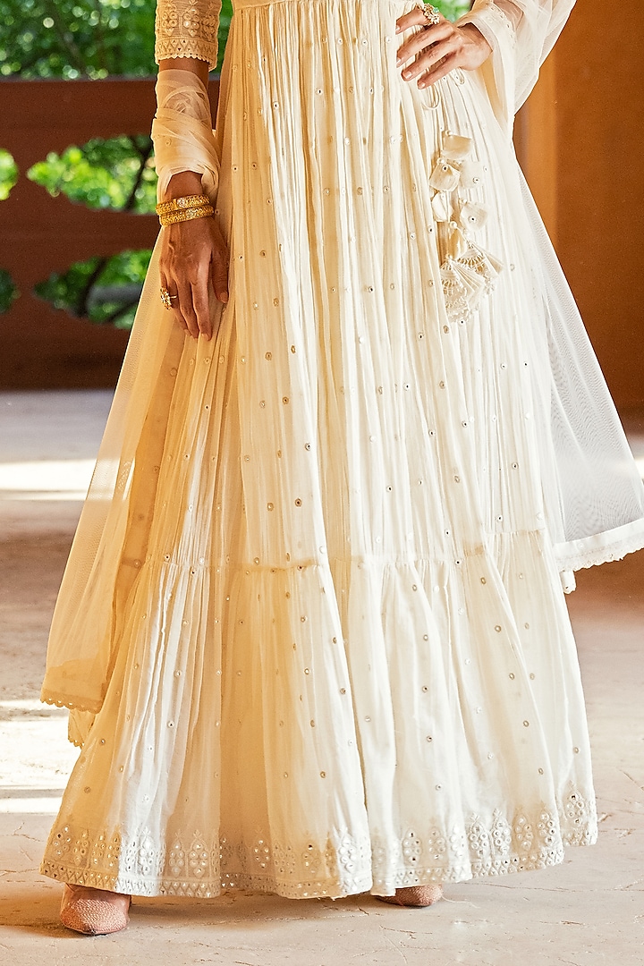Off-White Cotton Mulmul Thread & Mirror Work Angrakha Anarkali Set by PREEVIN at Pernia's Pop Up Shop