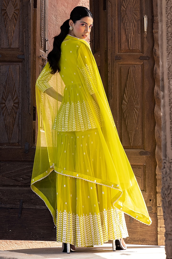 Neon Green Cotton Mulmul Thread & Mirror Work Angrakha Anarkali Set by PREEVIN at Pernia's Pop Up Shop