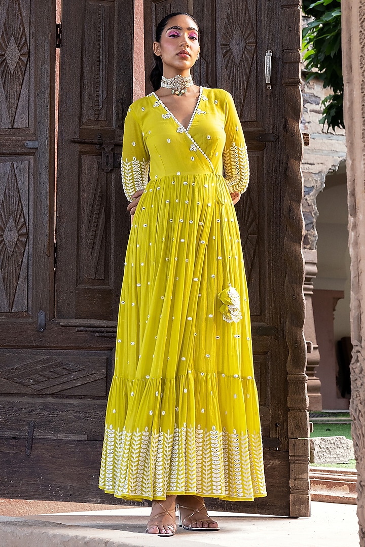 Neon Green Cotton Mulmul Thread & Mirror Work Angrakha Anarkali Set by PREEVIN at Pernia's Pop Up Shop