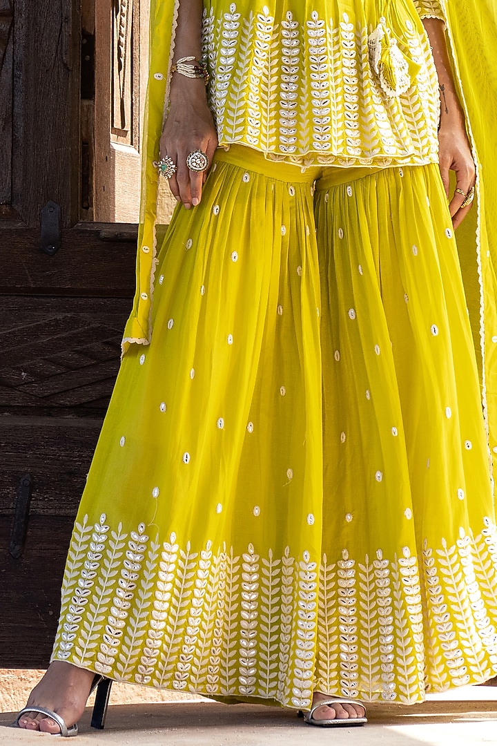 Neon Green Cotton Mulmul Thread & Mirror Work Angrakha Anarkali Set by PREEVIN at Pernia's Pop Up Shop