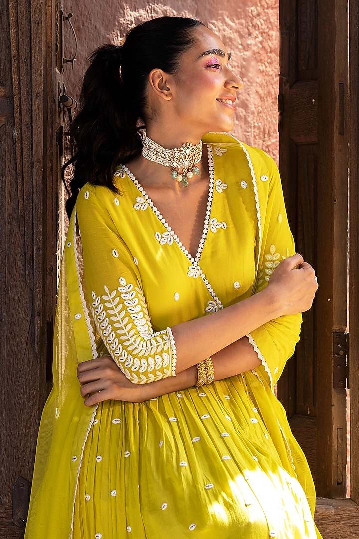 Neon Green Cotton Mulmul Thread & Mirror Work Angrakha Anarkali Set by PREEVIN at Pernia's Pop Up Shop