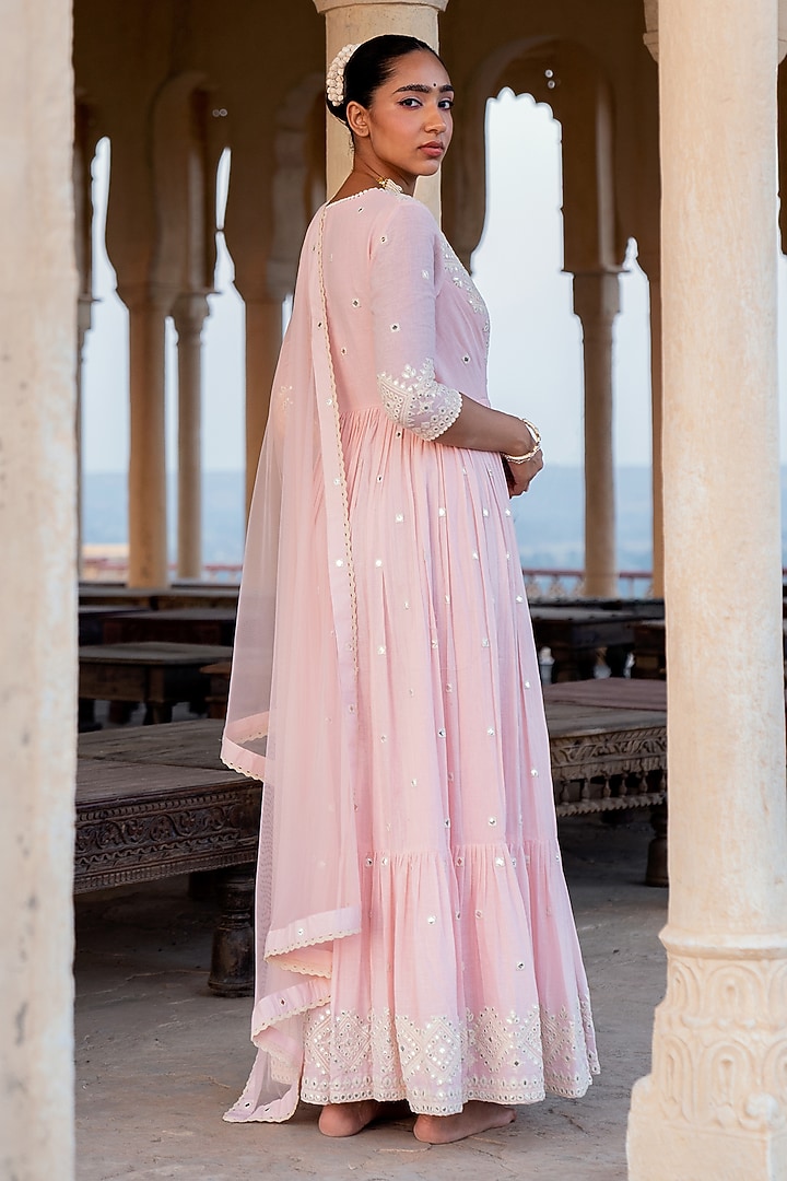 Blush Pink Cotton Mulmul Thread & Mirror Work Angrakha Anarkali Set by PREEVIN at Pernia's Pop Up Shop