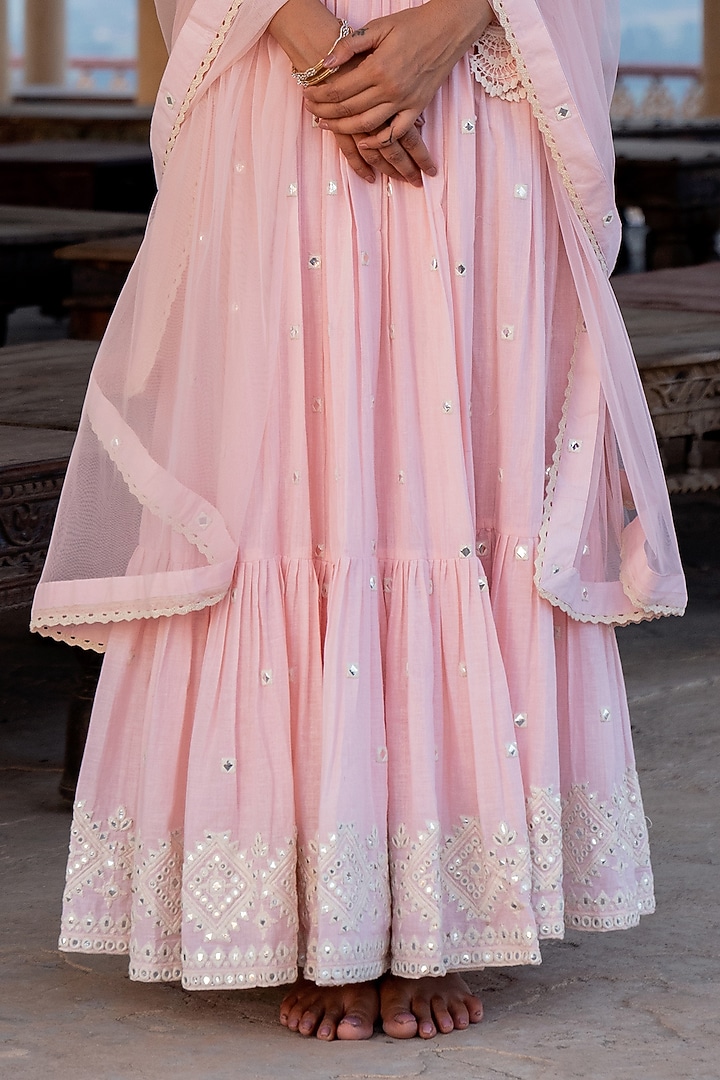 Blush Pink Cotton Mulmul Thread & Mirror Work Angrakha Anarkali Set by PREEVIN at Pernia's Pop Up Shop