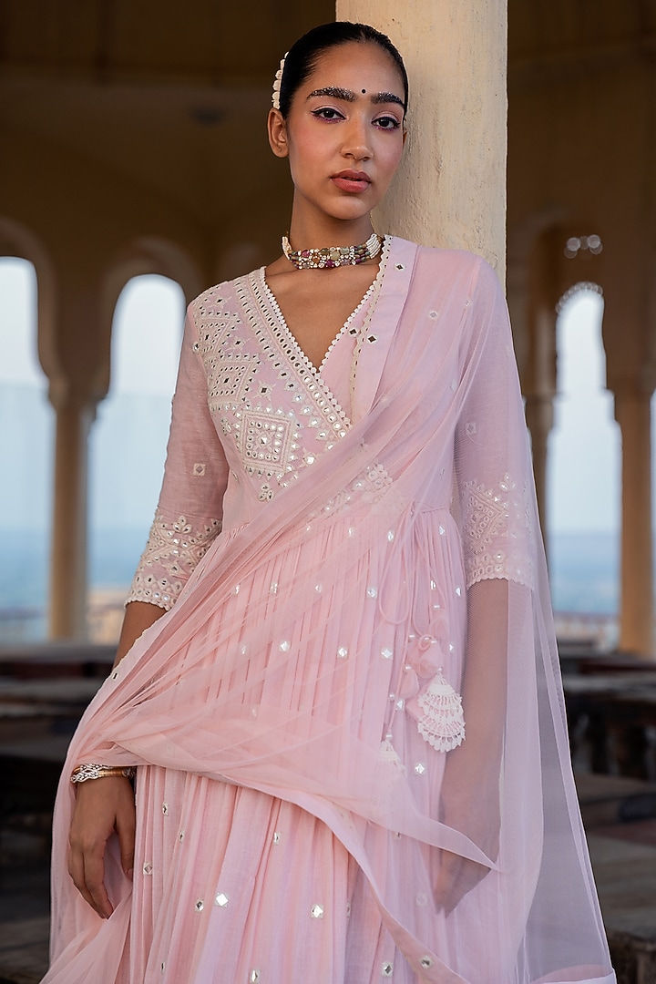 Blush Pink Cotton Mulmul Thread & Mirror Work Angrakha Anarkali Set by PREEVIN at Pernia's Pop Up Shop
