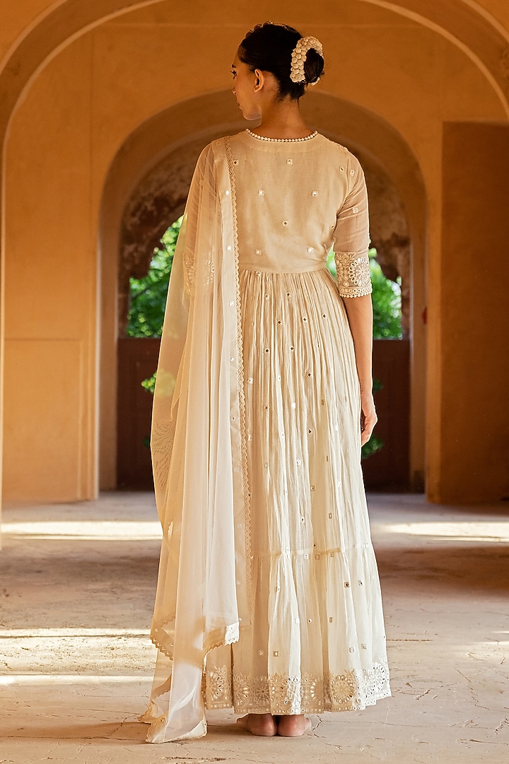 Off-White Cotton Mulmul Thread & Mirror Work Angrakha Anarkali Set by PREEVIN at Pernia's Pop Up Shop