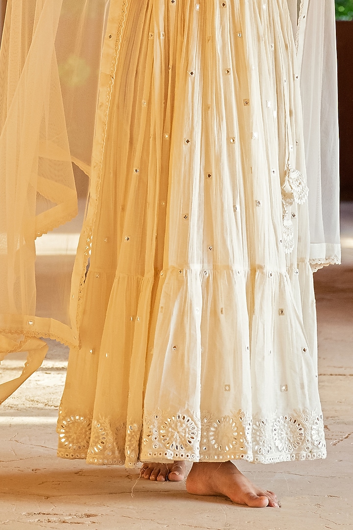 Off-White Cotton Mulmul Thread & Mirror Work Angrakha Anarkali Set by PREEVIN at Pernia's Pop Up Shop