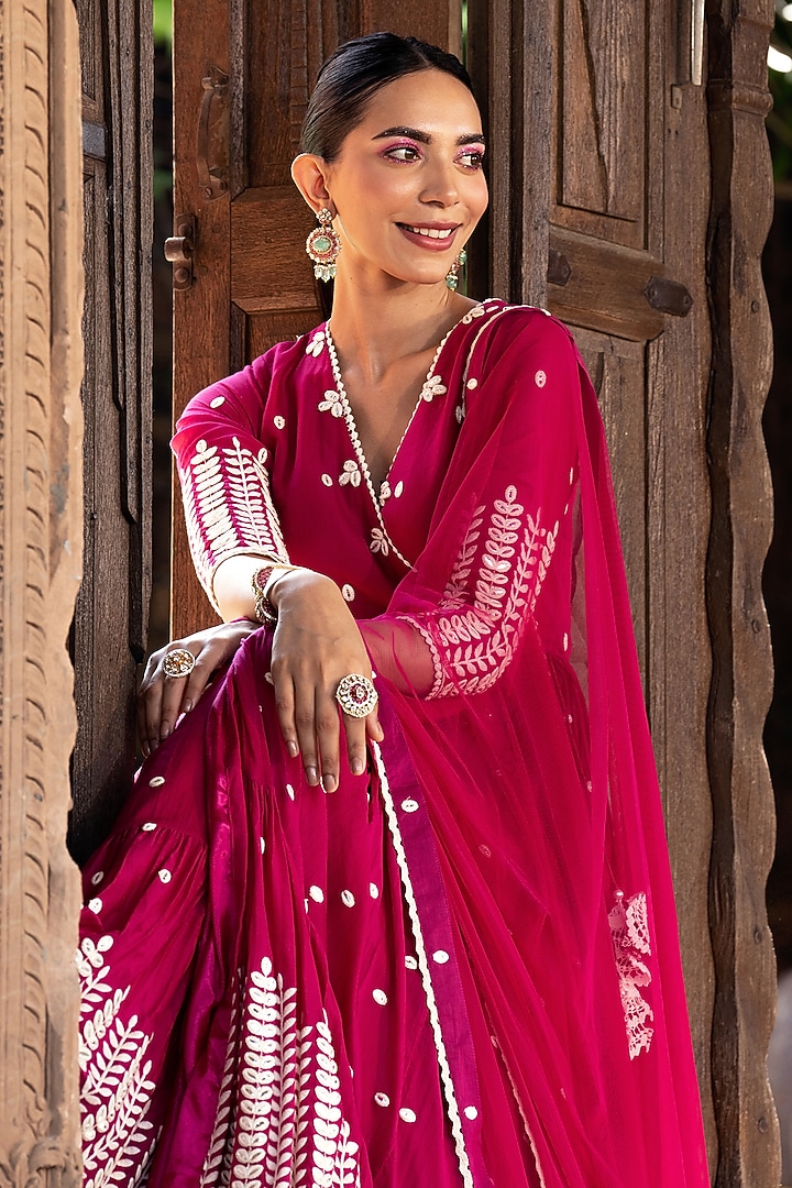 Red Cotton Mulmul Thread & Mirror Work Angrakha Anarkali Set by PREEVIN at Pernia's Pop Up Shop