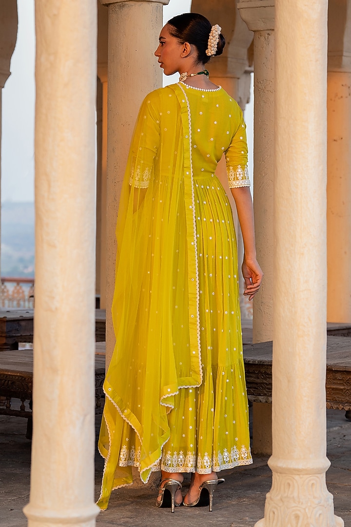 Neon Green Cotton Mulmul Thread & Mirror Work Angrakha Anarkali Set by PREEVIN at Pernia's Pop Up Shop