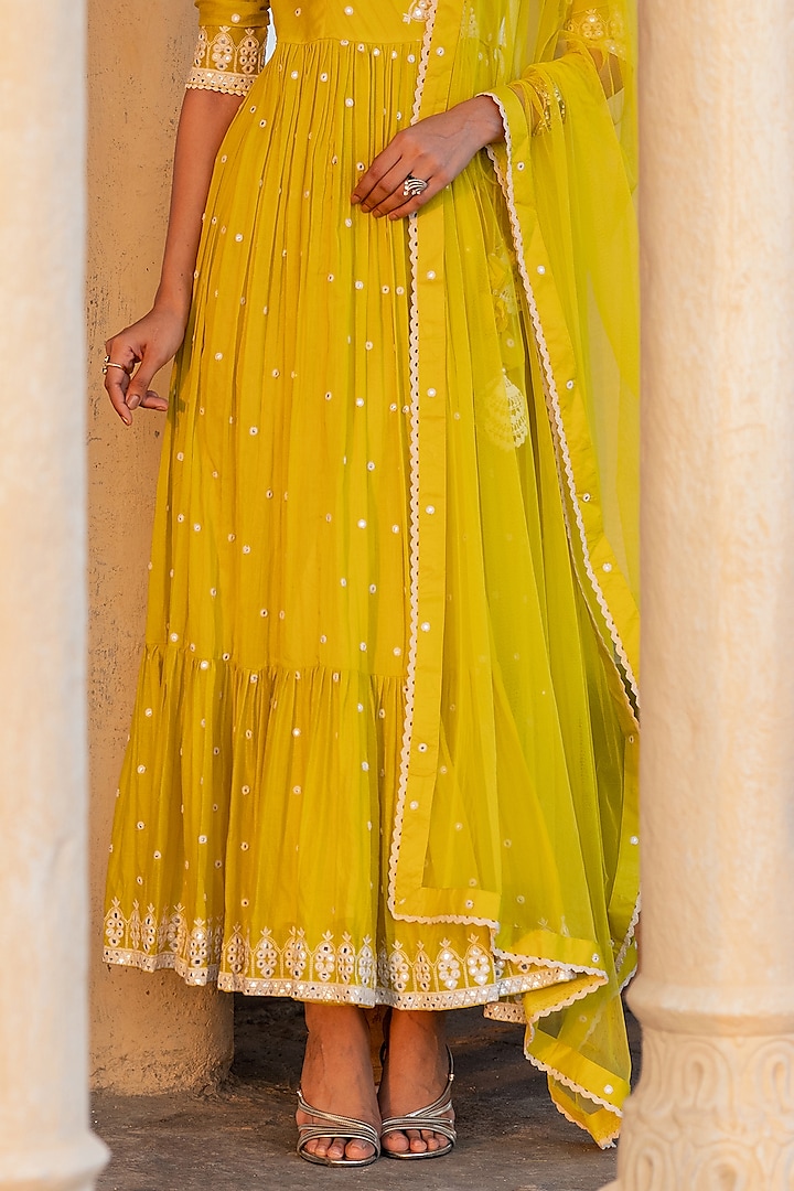 Neon Green Cotton Mulmul Thread & Mirror Work Angrakha Anarkali Set by PREEVIN at Pernia's Pop Up Shop