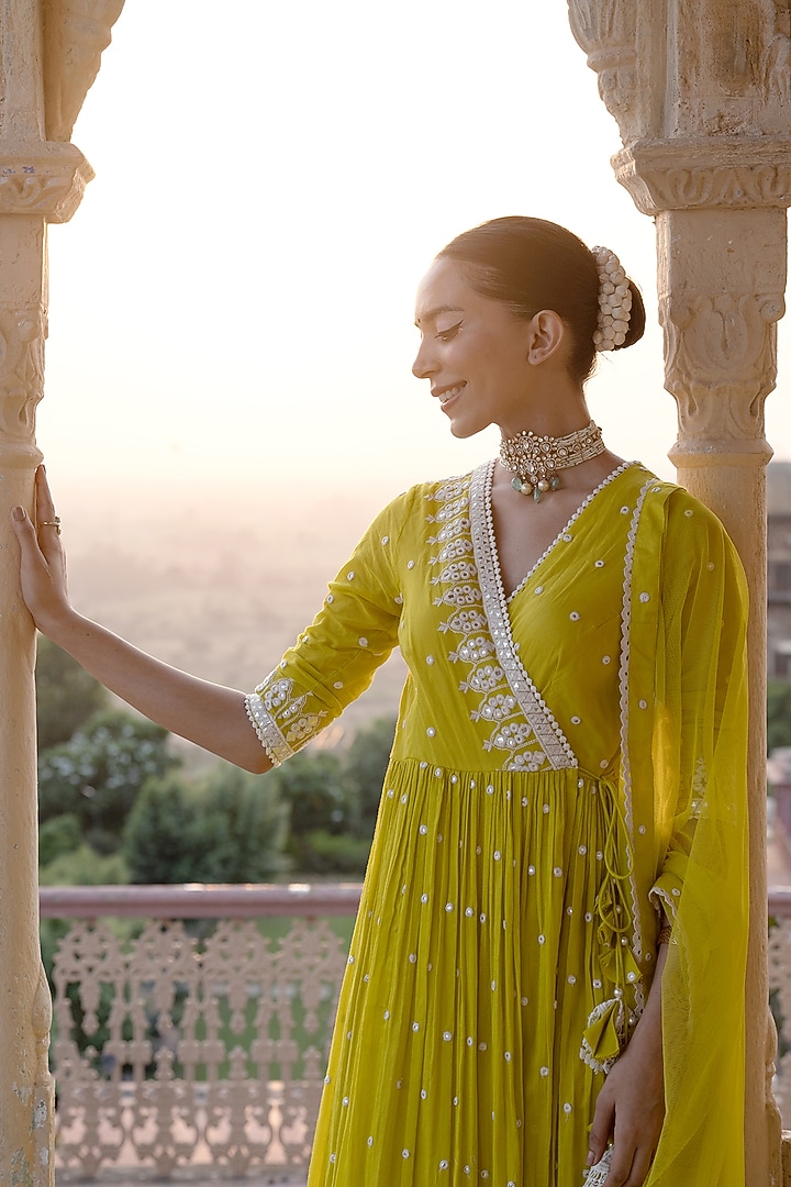 Neon Green Cotton Mulmul Thread & Mirror Work Angrakha Anarkali Set by PREEVIN at Pernia's Pop Up Shop