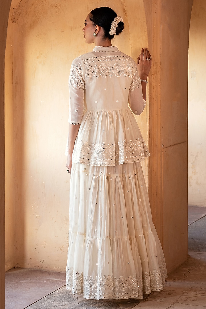 Off-White Cotton Mulmul Thread & Mirror Work Party Wear Anarkali Set by PREEVIN at Pernia's Pop Up Shop