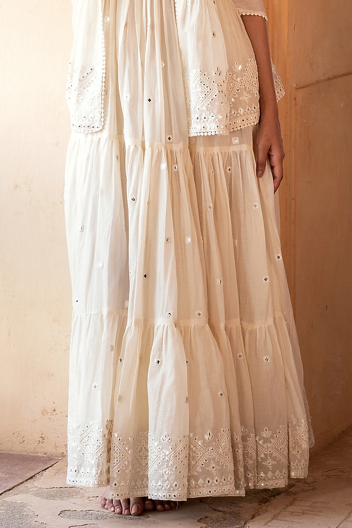 Off-White Cotton Mulmul Thread & Mirror Work Party Wear Anarkali Set by PREEVIN at Pernia's Pop Up Shop