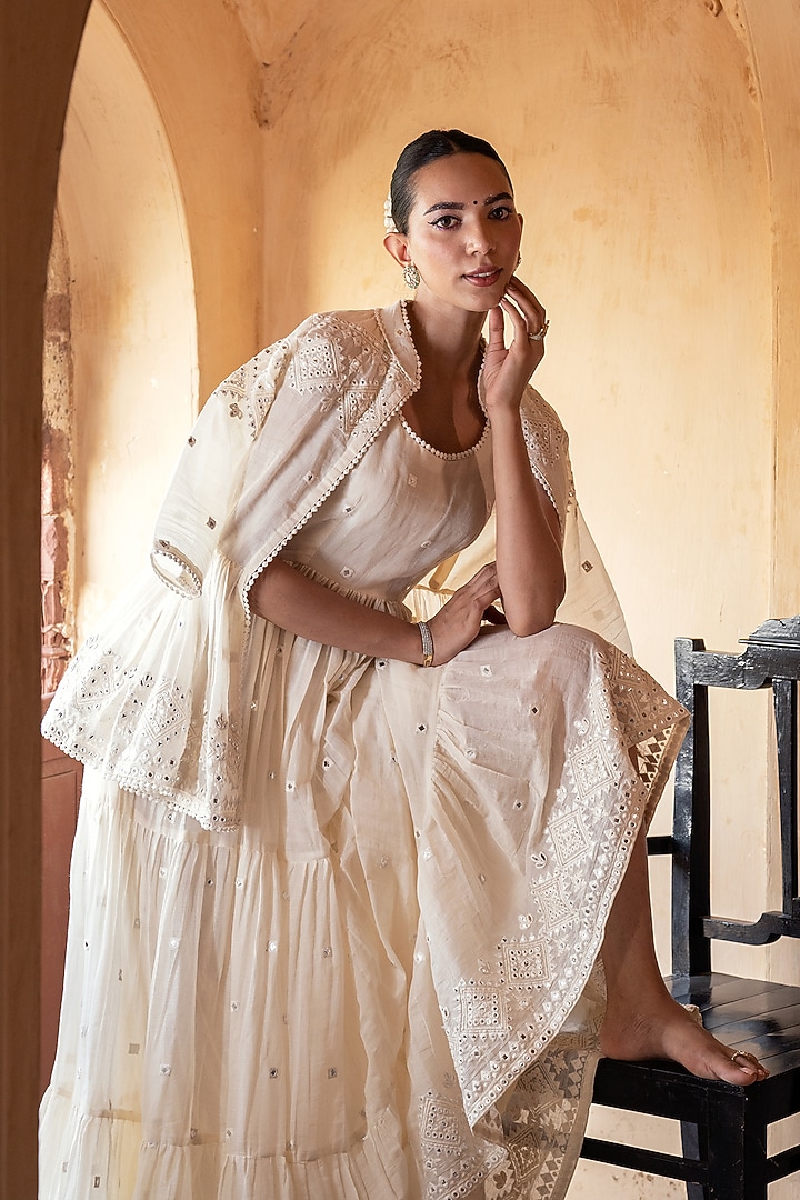 Off-White Cotton Mulmul Thread & Mirror Work Party Wear Anarkali Set by PREEVIN at Pernia's Pop Up Shop