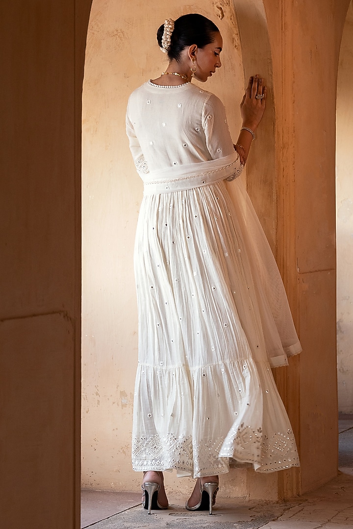 Off-White Cotton Mulmul Thread & Mirror Work Angrakha Anarkali Set by PREEVIN at Pernia's Pop Up Shop