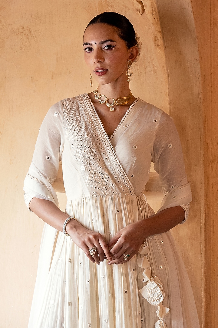 Off-White Cotton Mulmul Thread & Mirror Work Angrakha Anarkali Set by PREEVIN at Pernia's Pop Up Shop