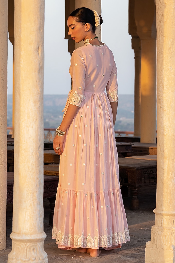 Blush Pink Cotton Mulmul Thread & Mirror Work Angrakha Anarkali Set by PREEVIN at Pernia's Pop Up Shop