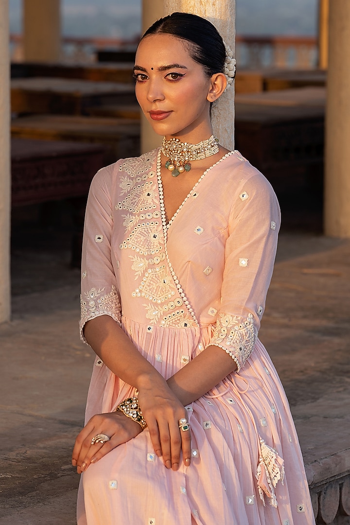 Blush Pink Cotton Mulmul Thread & Mirror Work Angrakha Anarkali Set by PREEVIN at Pernia's Pop Up Shop