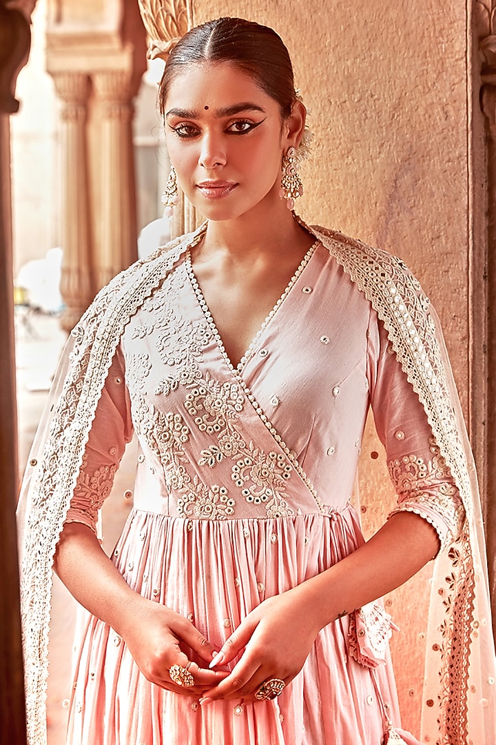 Blush Pink Cotton Mulmul Thread & Mirror Work Angrakha Party Wear Anarkali Set by PREEVIN at Pernia's Pop Up Shop