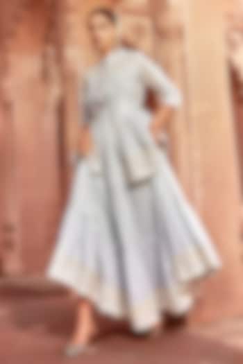 Ice Blue Cotton Mulmul Thread & Mirror Work Party Wear Anarkali Set by PREEVIN at Pernia's Pop Up Shop