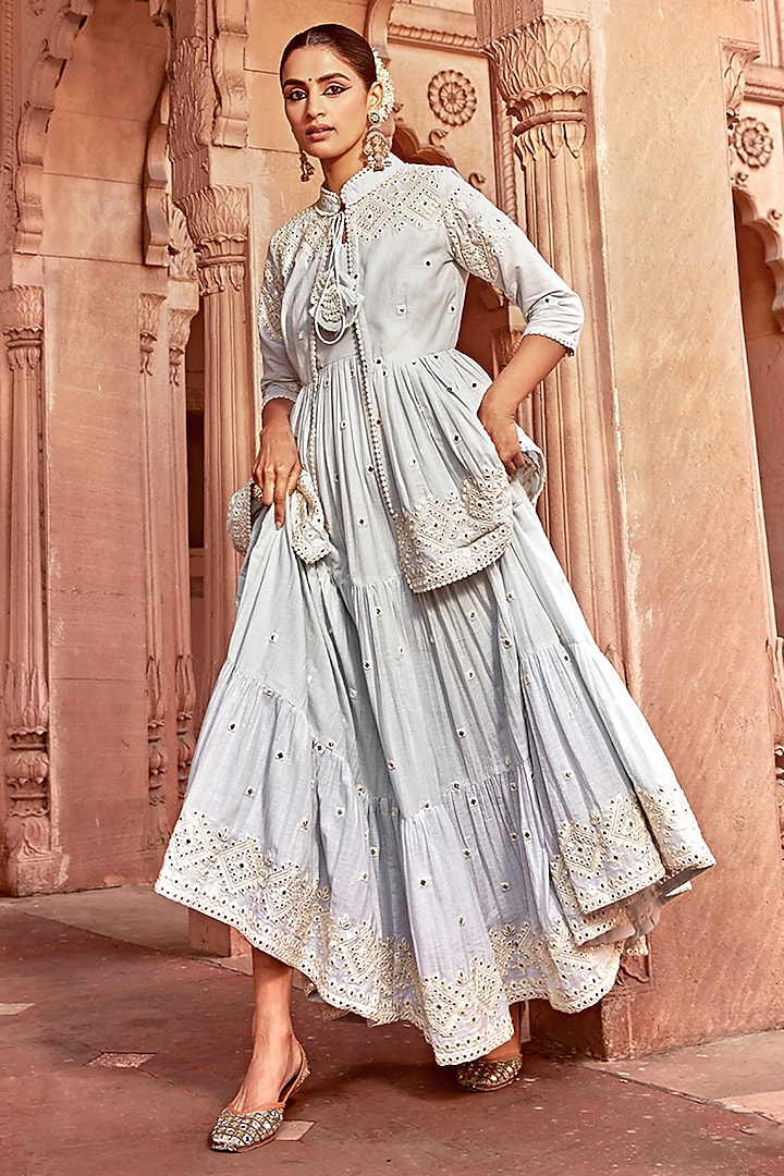 Ice Blue Cotton Mulmul Thread & Mirror Work Party Wear Anarkali Set by PREEVIN at Pernia's Pop Up Shop