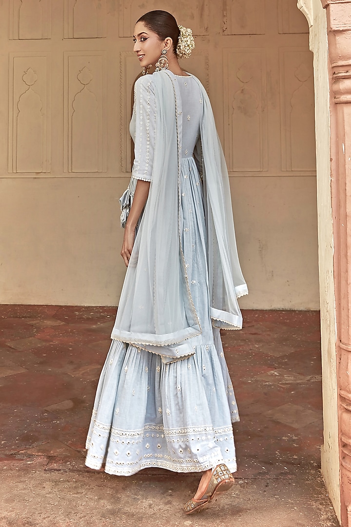 Ice Blue Cotton Mulmul Thread & Mirror Work Angrakha Anarkali Set by PREEVIN at Pernia's Pop Up Shop