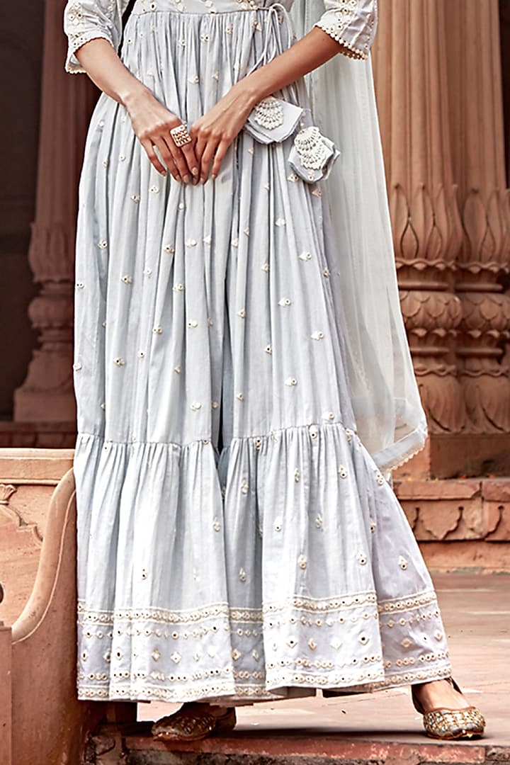 Ice Blue Cotton Mulmul Thread & Mirror Work Angrakha Anarkali Set by PREEVIN at Pernia's Pop Up Shop