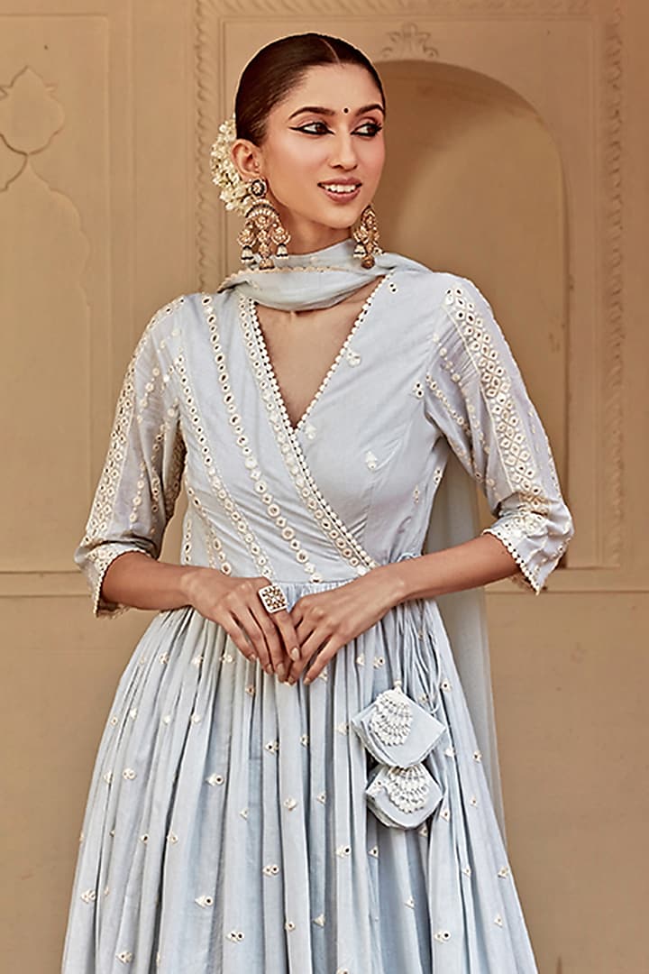 Ice Blue Cotton Mulmul Thread & Mirror Work Angrakha Anarkali Set by PREEVIN at Pernia's Pop Up Shop