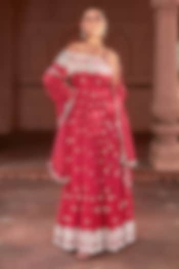 Fuchsia Cotton Mulmul Thread & Mirror Work Off-Shoulder Angrakha Anarkali Set by PREEVIN at Pernia's Pop Up Shop