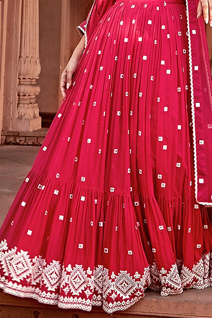 Fuchsia Cotton Mulmul Thread & Mirror Work Off-Shoulder Angrakha Anarkali Set by PREEVIN at Pernia's Pop Up Shop