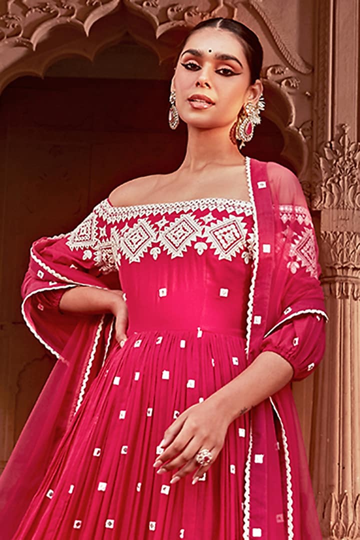 Fuchsia Cotton Mulmul Thread & Mirror Work Off-Shoulder Angrakha Anarkali Set by PREEVIN at Pernia's Pop Up Shop